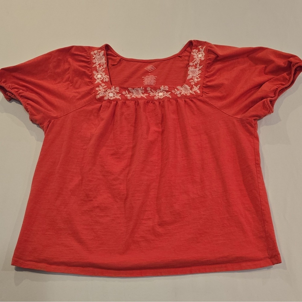 St. John's Bay Women's XL Red Square Neck Puff Sleeve Embroidered Peasant Top